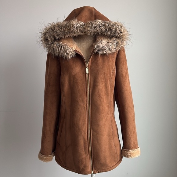 Ellen Tracy Faux Fur Trim Jacket Coat Size Large - Picture 1 of 9